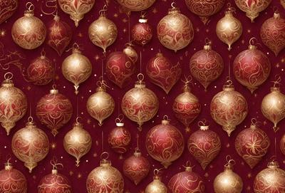 The primary subject of the image is a large number of ornate red and gold Christmas ornaments. These ornaments are arranged in a pattern, covering the entire background of the image. The setting appears to be a festive and holiday-themed environment, with the ornaments being the main focus of the scene. The visual style of the image is a combination of digital art and illustration, creating a vibrant and eye-catching display. The dominant colors in the image are red and gold, which evoke a warm and